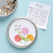 Load image into Gallery viewer, It’s a Girl! Garden Sprinkles kit with Zinnia seeds that are easy to grow and provide bold colors from spring to autumn.