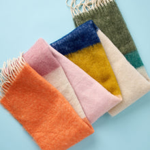 Load image into Gallery viewer, This lovely color block faux mohair scarf is so soft and is perfect for brightening up a fall day. It’s 82" x 14.5" with fun tassels.