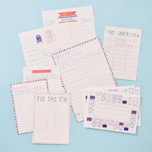 Load image into Gallery viewer, This Grandparent's Pen Pal Kit box set includes: four back-and-forth correspondence flat cards, four unique letterhead sheets, eight envelopes.