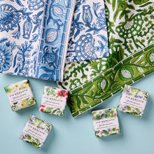 Load image into Gallery viewer, This beautiful kitchen towel is block-printed at a fair-trade workshop in Jaipur, India on 100% absorbent cotton. Available in blue or green.