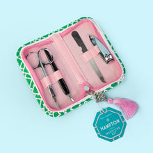 Load image into Gallery viewer, The bright chinoiserie 5-piece manicure kit includes scissors, a nail file, a cuticle tool and a nail clipper. 
