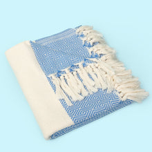 Load image into Gallery viewer, They can wrap themselves in the premium Turkish cotton towel and be transported to their favorite seaside destination. It’s perfect in warm climates and also for traveling as it dries very quickly, is highly absorbent and packs very small. And it’s not only for the beach – it can be used as a scarf, sarong, light throw, tablecloth, or a picnic blanket.
