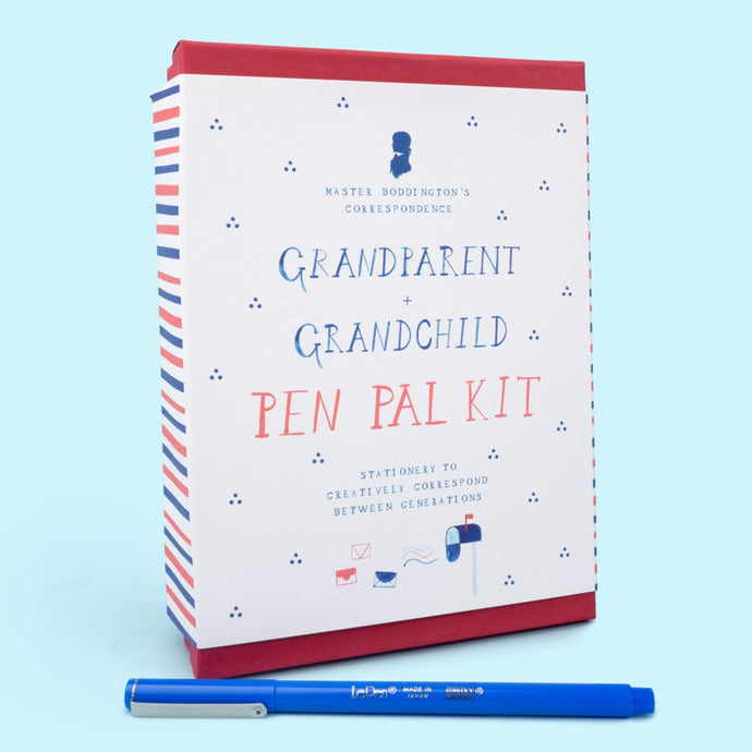 This Grandparent's Pen Pal Kit box set includes: four back-and-forth correspondence flat cards, four unique letterhead sheets, eight envelopes.